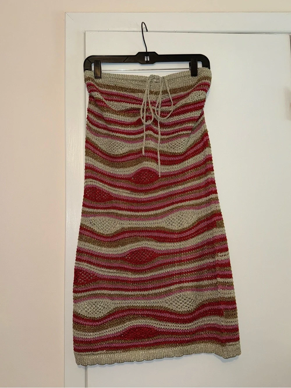 Striped Crochet Halter Tube Top in Beige, Pink & Red - Picture 3 of 8